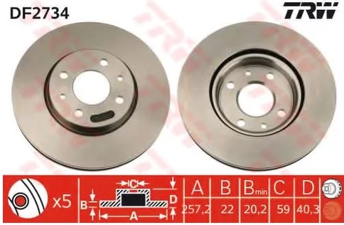 Диск тормозной передний FIAT Doblo TRW DF 2734, D=257 мм