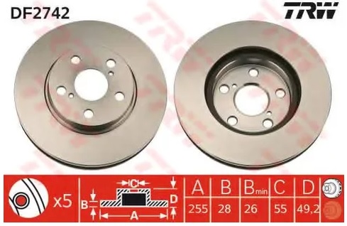 Диск тормозной передний Toyota Caldina, Carina II, Carina E, Corona TRW DF 2742, D=255 мм