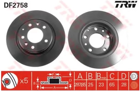 Диск тормозной передний VW Golf, Passat, Vento TRW DF 2758, D=288 мм