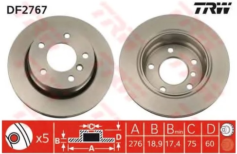 Диск тормозной задний BMW 3 TRW DF 2767, D=276 мм