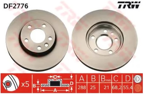 Диск тормозной передний Ford Galaxy, SEAT Alhambra, VW Sharan TRW DF 2776, D=288 мм