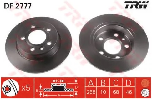 Диск тормозной задний Ford Galaxy, SEAT Alhambra, VW Sharan TRW DF 2777, D=268 мм