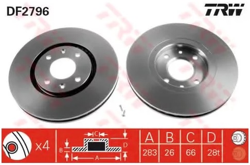 Диск тормозной передний Citroen Xantia, Peugeot 406 TRW DF 2796, D=283 мм