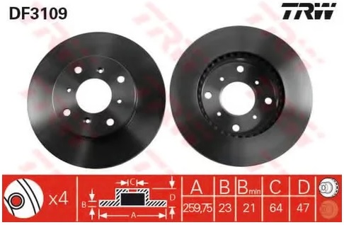 Диск тормозной передний Honda Accord, Prelude TRW DF 3109, D=260 мм