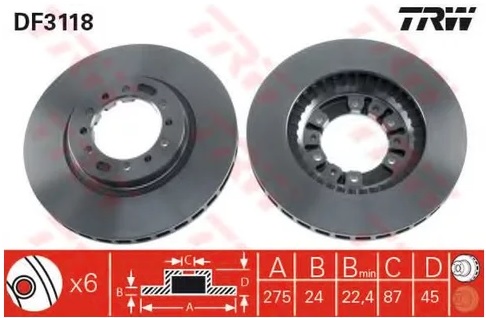 Диск тормозной передний Mitsubishi GALLOPER, L 200, Pajero, Pajero Sport TRW DF 3118, D=276 мм