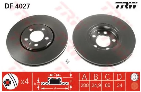 Диск тормозной передний Volkswagen, Skoda, SEAT, Audi, Renault TRW DF 4027, D=288 мм