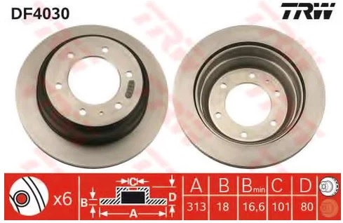 Диск тормозной задний Opel Frontera, Monterey TRW DF 4030, D=313 мм
