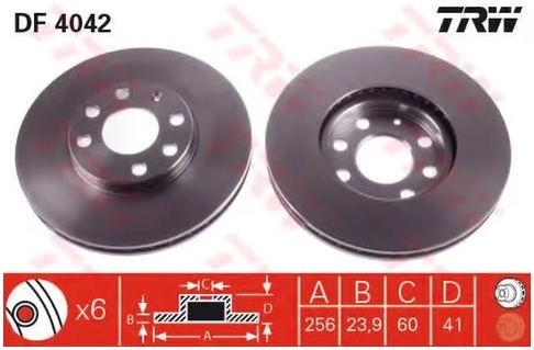 Диск тормозной передний Chevrolet Astra, Corsa, Opel Astra, Zafira TRW DF 4042, D=256 мм