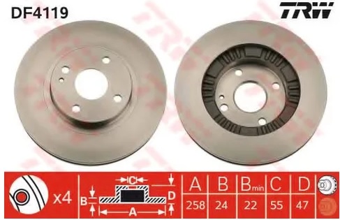 Диск тормозной передний Mazda 323 TRW DF 4119, D=258 мм