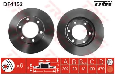 Диск тормозной передний Toyota Hilux, Land Cruiser TRW DF 4153, D=302 мм