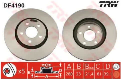 Диск тормозной передний Chrysler PT Cruiser TRW DF 4190, D=280 мм