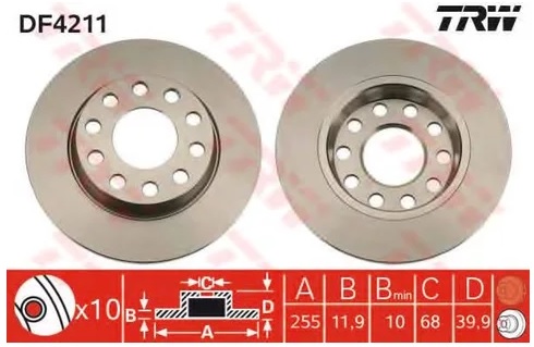 Диск тормозной задний Audi A4, SEAT Exeo TRW DF 4211, D=255 мм