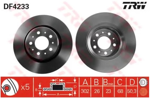 Диск тормозной передний VOLVO 850, C70, S70, V70, XC70 TRW DF 4233, D=302 мм