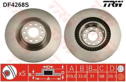 Диск тормозной передний Audi A6, A8, VW Phaeton TRW DF 4268S, D=360 мм