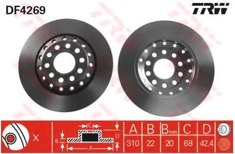 Диск тормозной задний Audi A8, VW Phaeton TRW DF 4269, D=310 мм