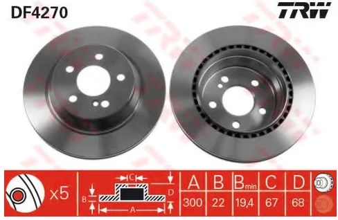 Диск тормозной задний Mercedes CLS, E-CLASS, GLK-CLASS TRW DF 4270, D=300 мм