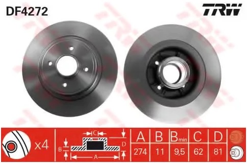 Диск тормозной задний Renault Megane, Scenic TRW DF 4272, D=274 мм