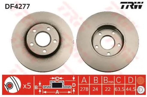 Диск тормозной передний Ford Tourneo Connect, TRANSIT TRW DF 4277, D=278 мм