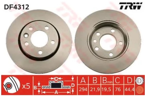 Диск тормозной задний VW Multivan, Transporter TRW DF 4312, D=294 мм