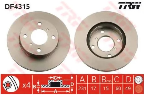 Диск тормозной передний Suzuki Alto, Wagon R TRW DF 4315, D=231 мм