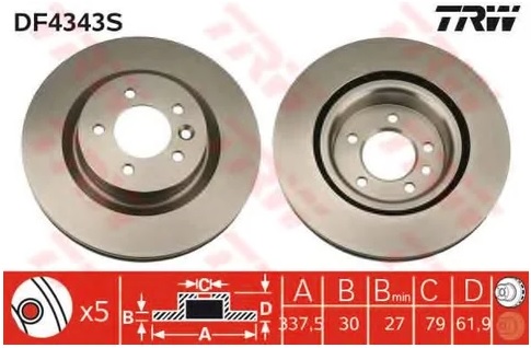 Диск тормозной передний Land Rover Discovery, Range Rover Sport TRW DF 4343S, D=337 мм