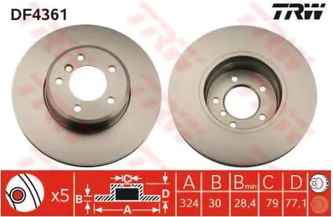 Диск тормозной передний BMW 5, 6 TRW DF 4361, D=324 мм
