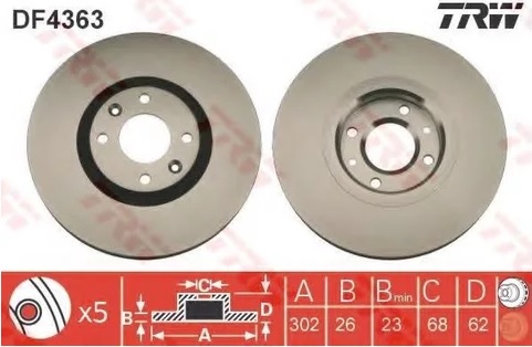 Диск тормозной передний CITROEN C4, PEUGEOT 307 TRW DF 4363, D=302 мм