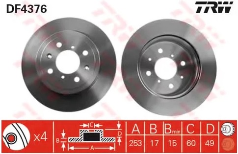 Диск тормозной передний Opel Agila, Subaru Justy, Suzuki Ignis, Wagon R TRW DF 4376, D=253 мм