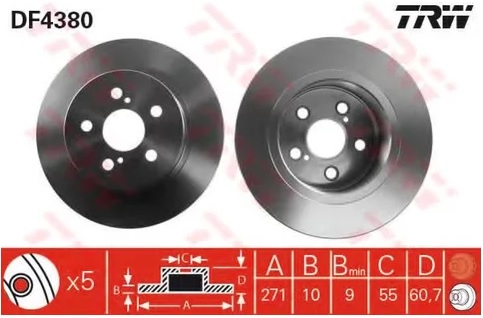 Диск тормозной задний Toyota Avensis TRW DF 4380, D=271 мм