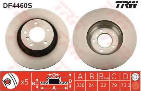 Диск тормозной передний BMW 1, 3, X1 TRW DF 4460S, D=330 мм
