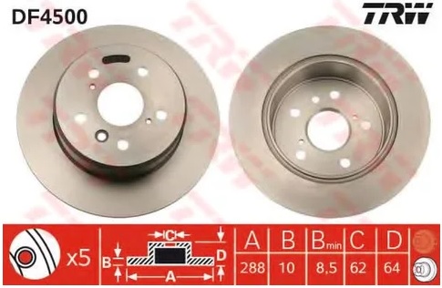 Диск тормозной задний Toyota Camry, Lexus ES, RX TRW DF 4500, D=288 мм