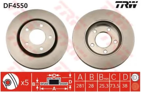 Диск тормозной передний Chrysler Voyager, Dodge Caravan TRW DF 4550, D=281 мм