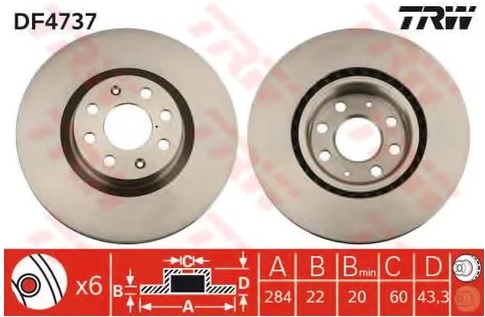 Диск тормозной передний Fiat GRANDE PUNTO, Punto, Opel Adam, Corsa TRW DF 4737, D=284 мм