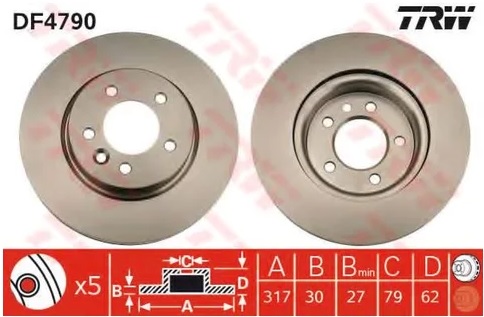 Диск тормозной передний Land Rover Discovery, Range Rover Sport TRW DF 4790, D=317 мм