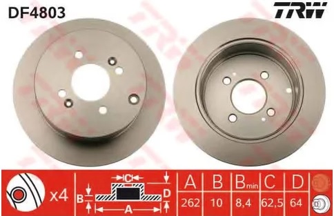 Диск тормозной задний Hyundai Accent, Getz, i20, Kia Rio TRW DF 4803, D=262 мм