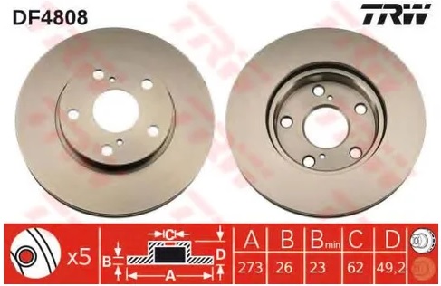 Диск тормозной передний Toyota Auris TRW DF 4808, D=273 мм