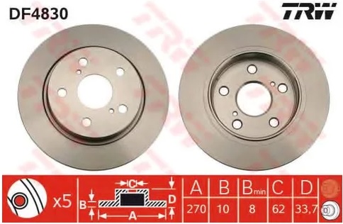 Диск тормозной задний Toyota Auris, Corolla TRW DF 4830, D=270 мм