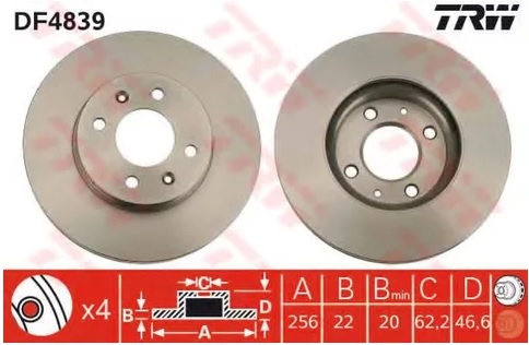 Диск тормозной передний Hyundai Accent, i20, Kia Rio TRW DF 4839, D=256 мм