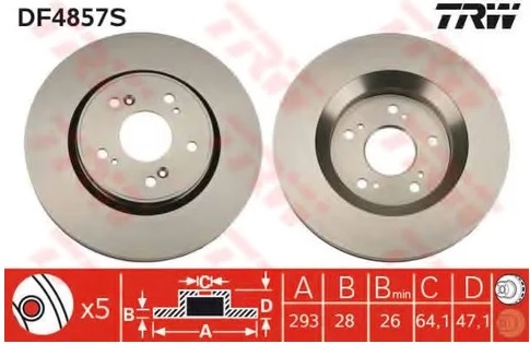 Диск тормозной передний Honda Crosstour, CR-V TRW DF 4857S, D=293 мм