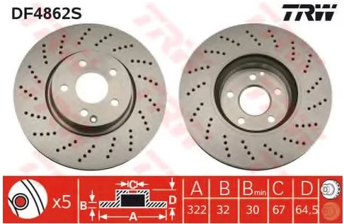 Диск тормозной передний Mercedes C-CLASS, E-CLASS TRW DF 4862S, D=322 мм