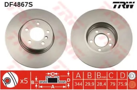 Диск тормозной передний Land Rover Range Rover TRW DF 4867S, D=344 мм