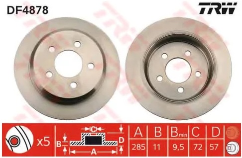 Диск тормозной задний Jeep Grand Cherokee, Wrangler TRW DF 4878, D=285 мм