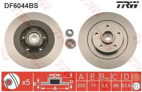 Диск тормозной задний Renault Laguna, Latitude TRW DF 6044BS, D=300 мм