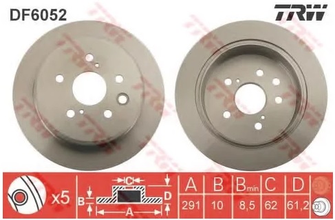 Диск тормозной задний Lexus IS TRW DF 6052, D=291 мм