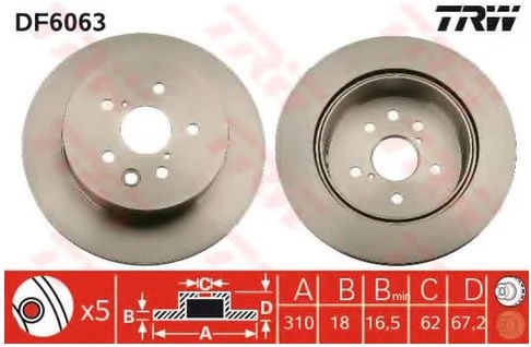 Диск тормозной задний Lexus GS, IS TRW DF 6063, D=310 мм