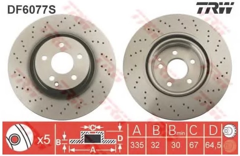 Диск тормозной передний Mercedes S-CLASS TRW DF 6077S, D=335 мм