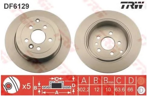 Диск тормозной задний Land Rover Freelander TRW DF 6129, D=302 мм
