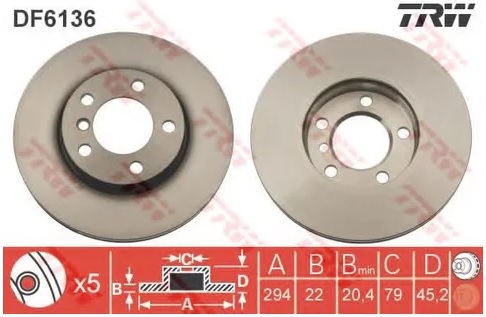 Диск тормозной передний MINI MINI COUNTRYMAN, MINI PACEMAN TRW DF 6136, D=294 мм