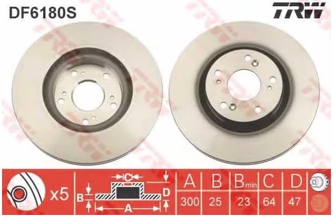 Диск тормозной передний Honda Civic, CR-V TRW DF 6180S, D=300 мм