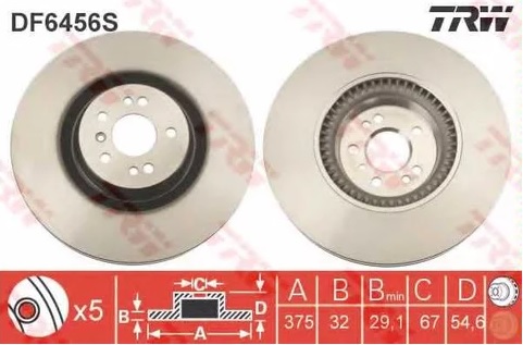 Диск тормозной передний Mercedes GL-CLASS, M-CLASS, R-CLASS TRW DF 6456S, D=375 мм